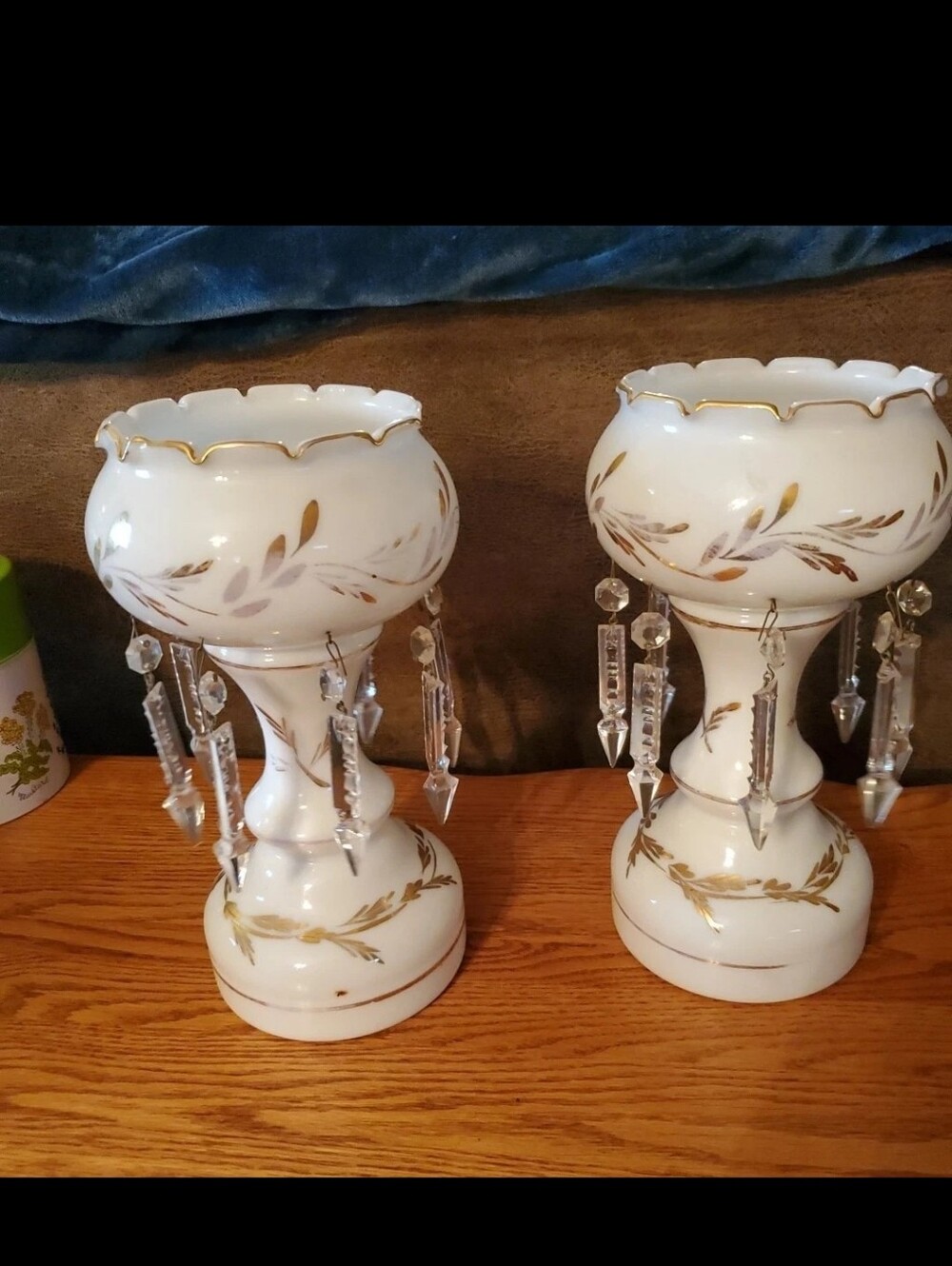 Antique WHITE CASED LUSTRES GOLD CRUSTED FLORAL DESIGN 8 CRYSTALS EACH 11.5"Tall